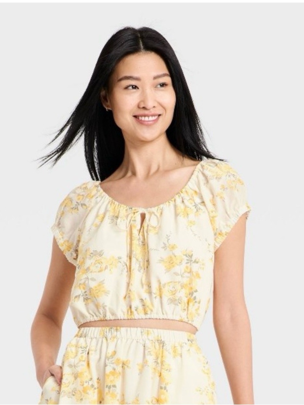 a new day Cream and Yellow Floral Cropped Tie-Front Top